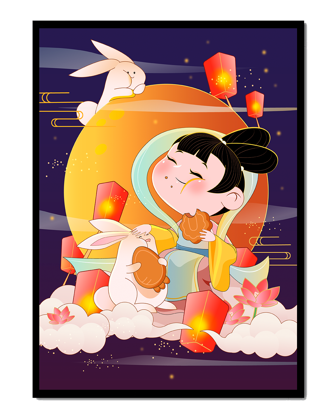 Illustration de déesse de la lune avec des lapins et des lanternes sur fond de mi-automne