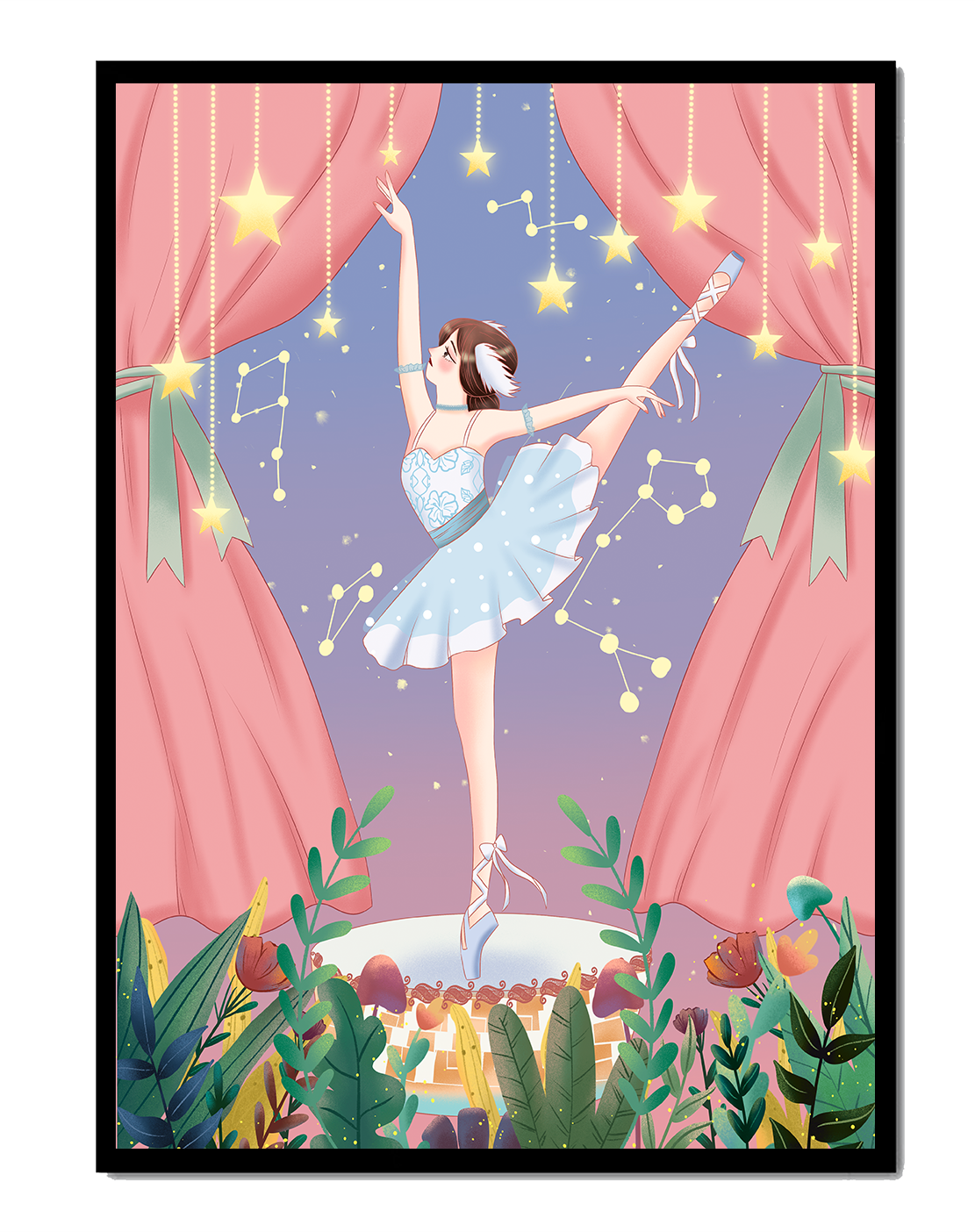 Graceful ballerina performing under starry sky on stage