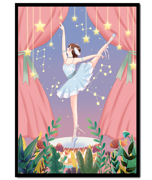 Graceful ballerina performing under starry sky on stage