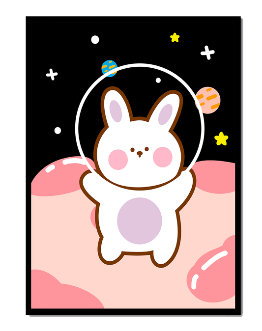 Cute cartoon bunny astronaut in space with colorful planets