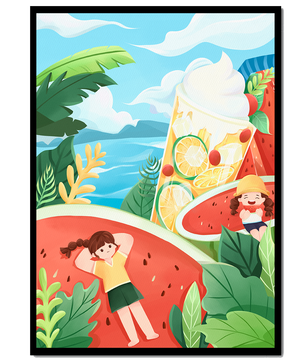 Paysage estival coloré avec des fruits tropicaux et des enfants qui se détendent