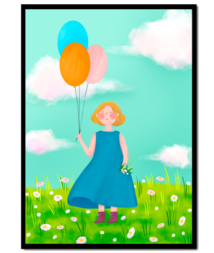 Girl with balloons in a field of daisies under a blue sky
