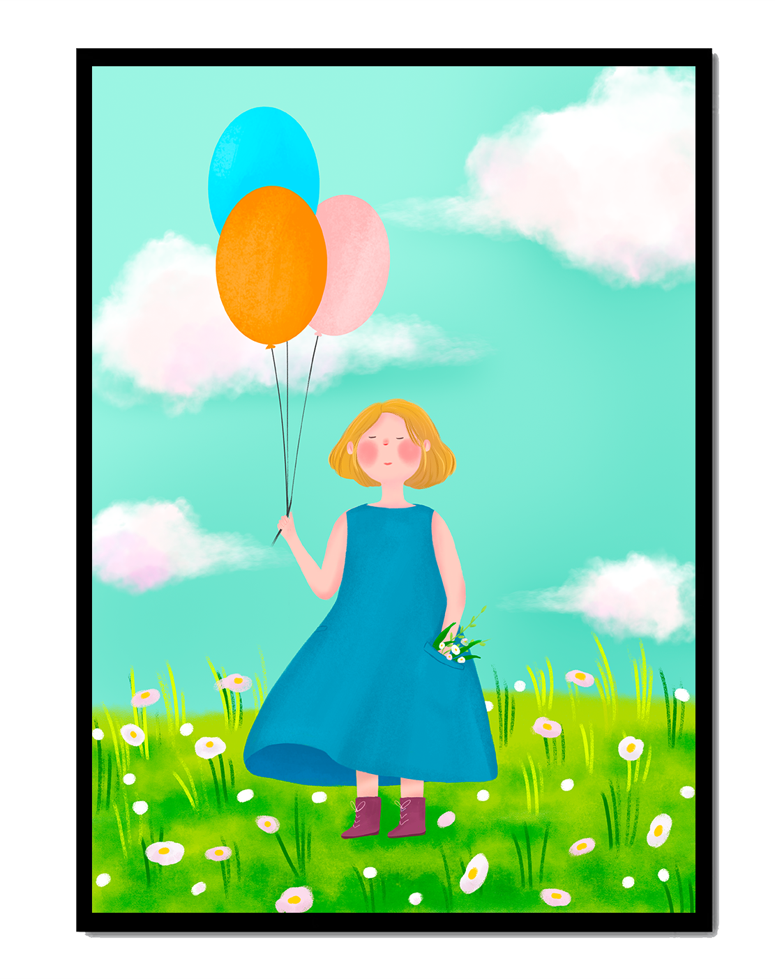 Girl with balloons in a field of daisies under a blue sky