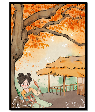 Escena de otoño con ilustración en estilo asiático tradicional