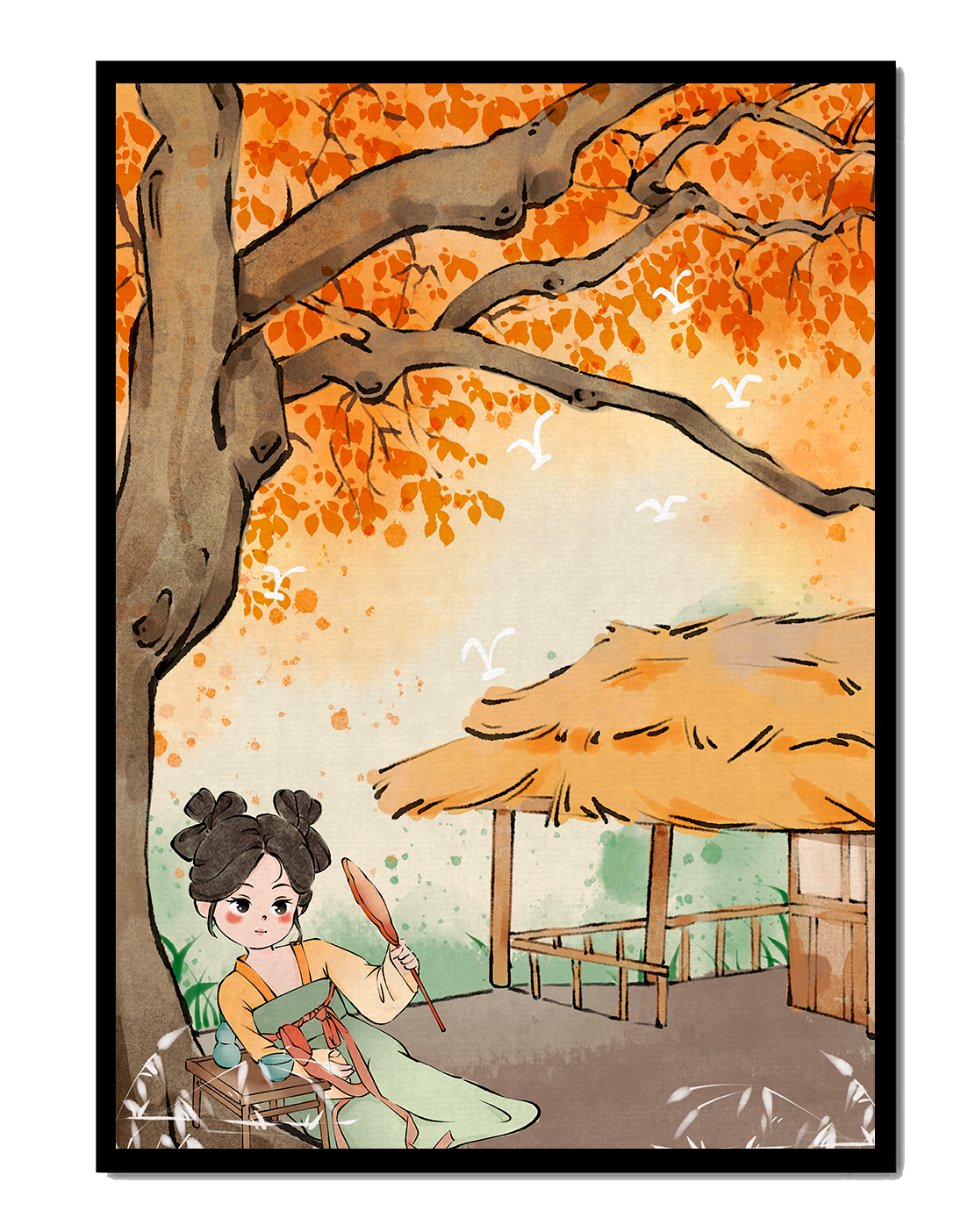 Escena de otoño con ilustración en estilo asiático tradicional