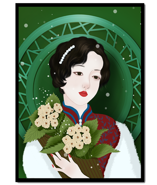 Elegant portrait of a woman with a bouquet of roses on a green abstract background