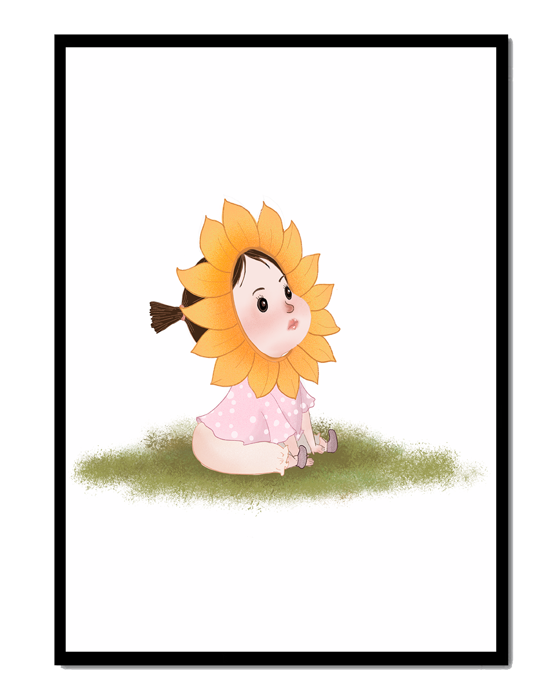 Adorable child with sunflower costume sitting on a grassy patch
