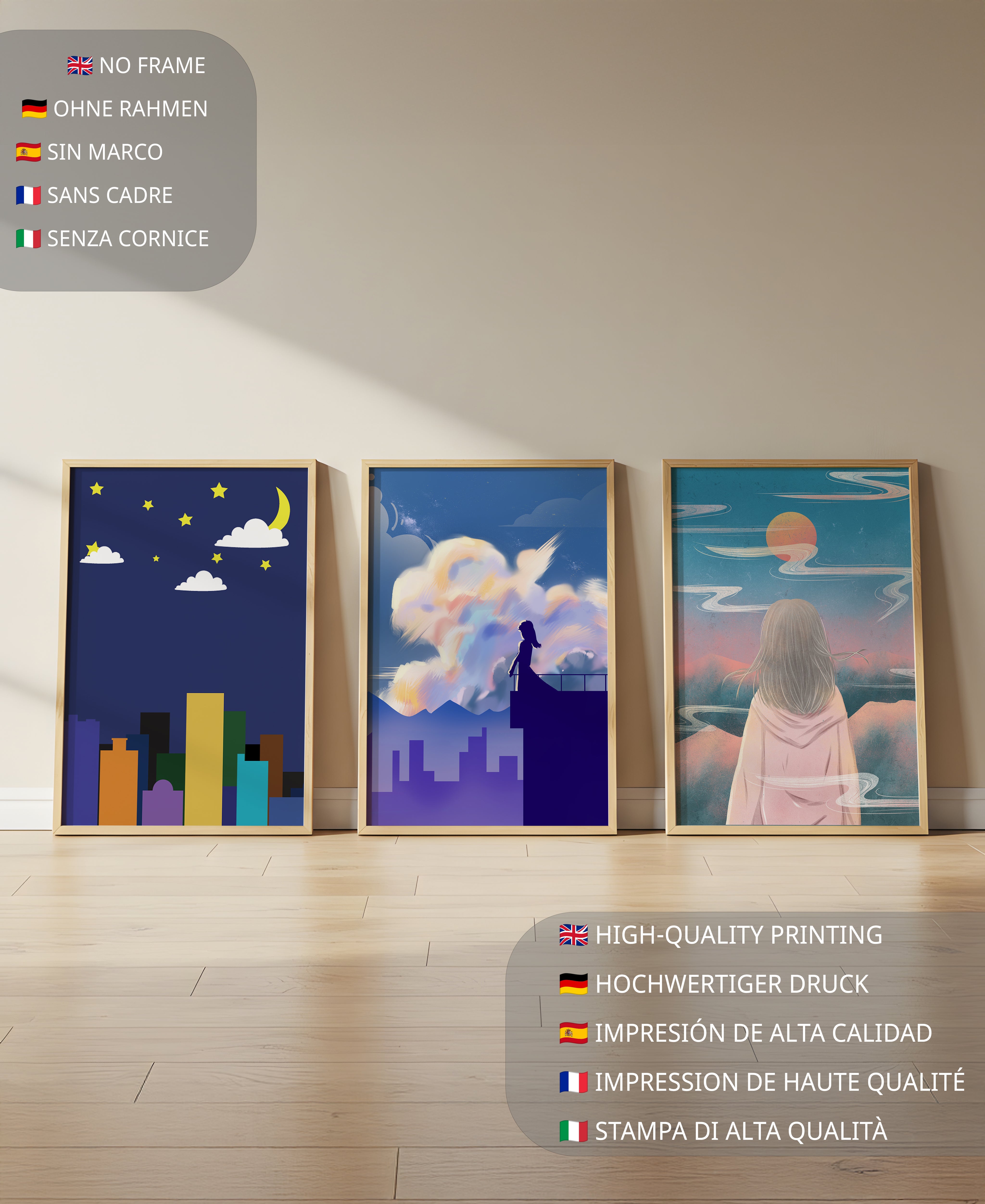 Ensemble de trois tableaux modernes avec des paysages imaginaires