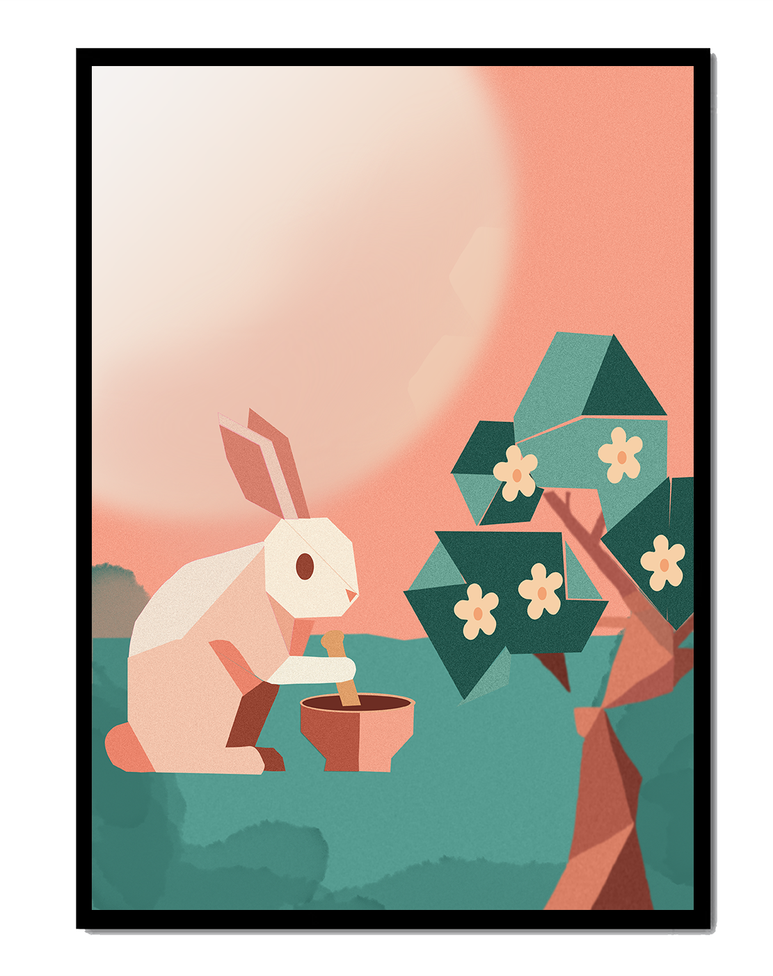 Abstract Origami Rabbit with Mortar and Pestle Under Blossom Tree