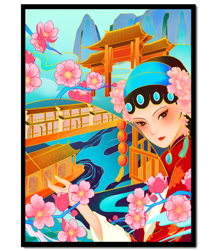 Traditional Asian art with cherry blossoms and architecture
