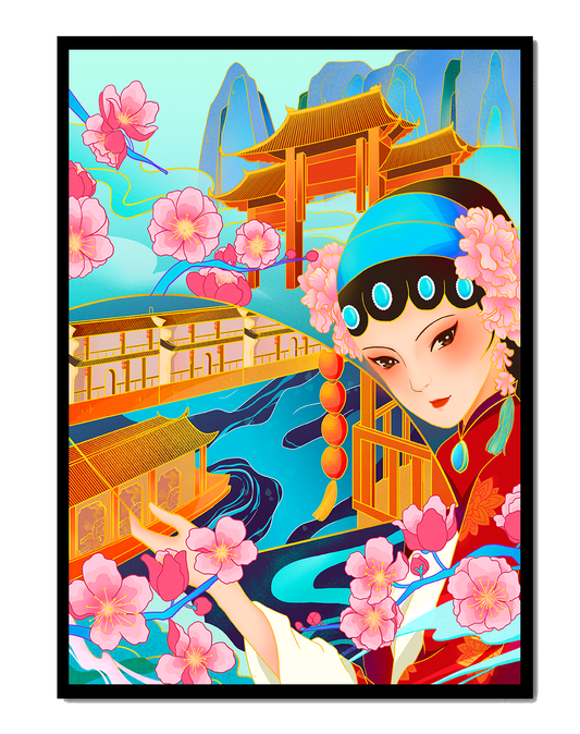 Traditional Asian art with cherry blossoms and architecture