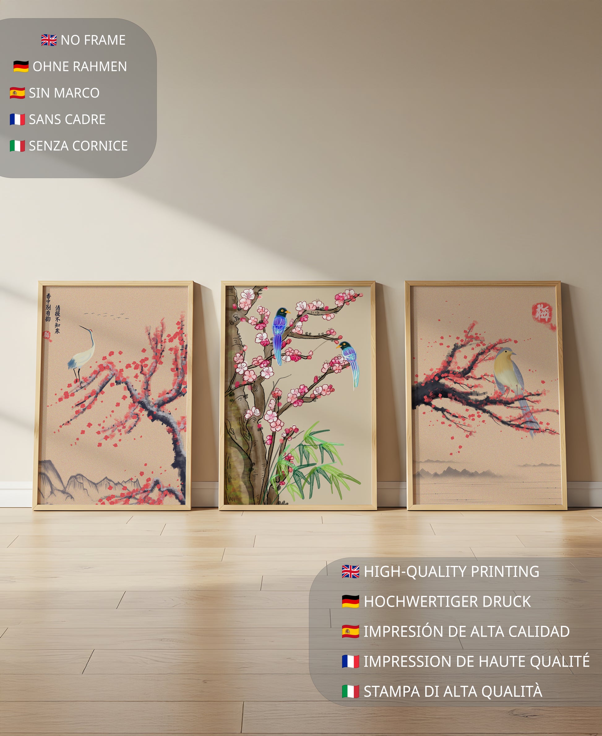 Decoración Oriental con Pájaros y Flores