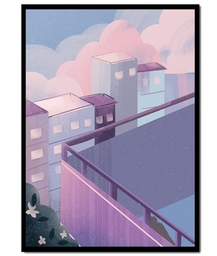 Urban Pastel Scene with Buildings and Pink Clouds