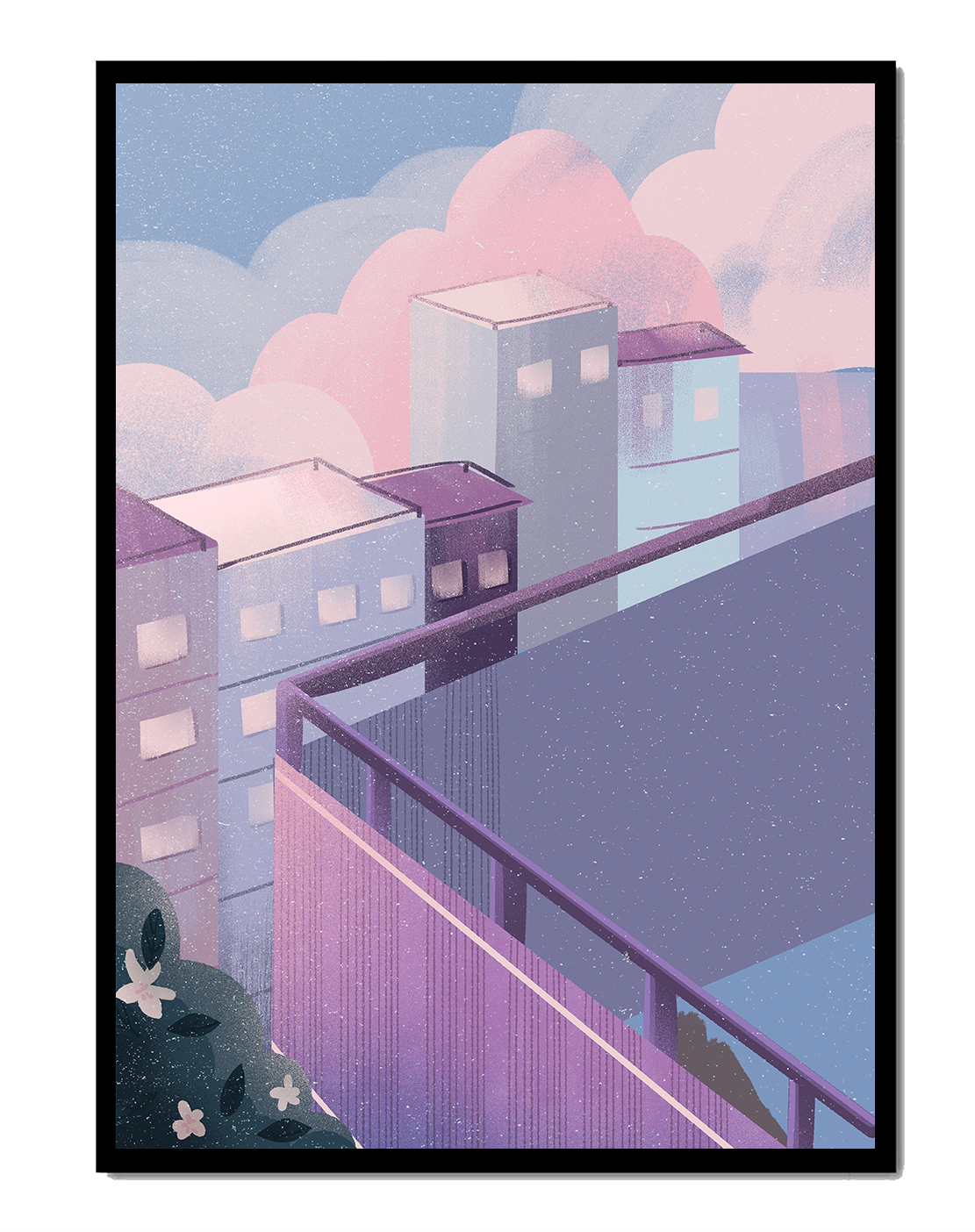 Urban Pastel Scene with Buildings and Pink Clouds