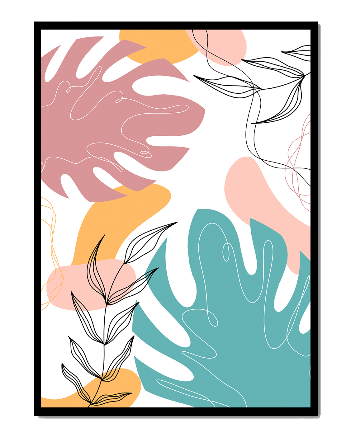 Abstract botanical illustration with colorful leaf patterns