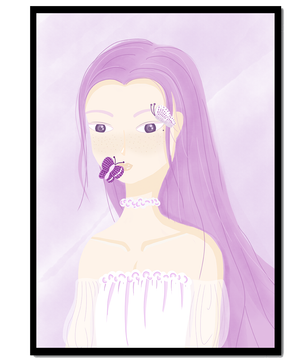 Ilustración de una mujer con cabello morado y mariposas