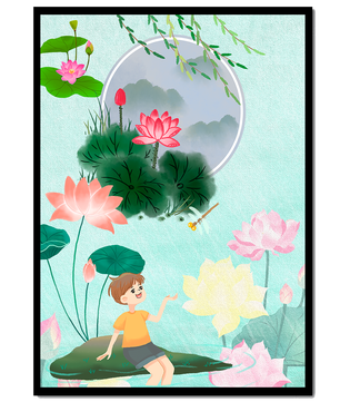 Serene illustration of a child in a lotus garden with vibrant flora