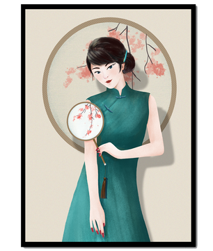 Elegante Illustration einer Frau in traditioneller Kleidung mit einem Fächer mit Kirschblüten