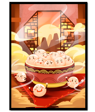 Dumplings de dibujos animados encantadores en un cuenco decorativo en medio de la niebla