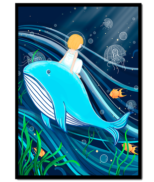 Whimsisches Unterwasserszenario mit Kind und Blauwal