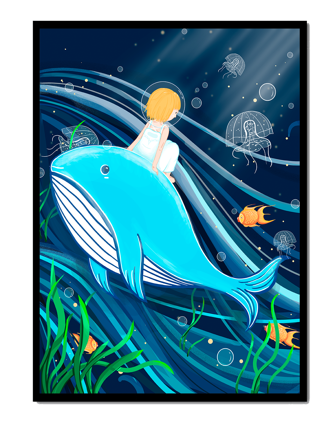 Whimsisches Unterwasserszenario mit Kind und Blauwal