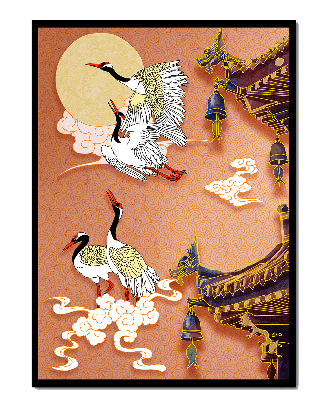Elegant cranes flying beside traditional Asian architecture under moonlight