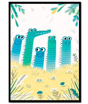 Illustration of Happy Cartoon Crocodiles in a Colorful Meadow - Mi tienda