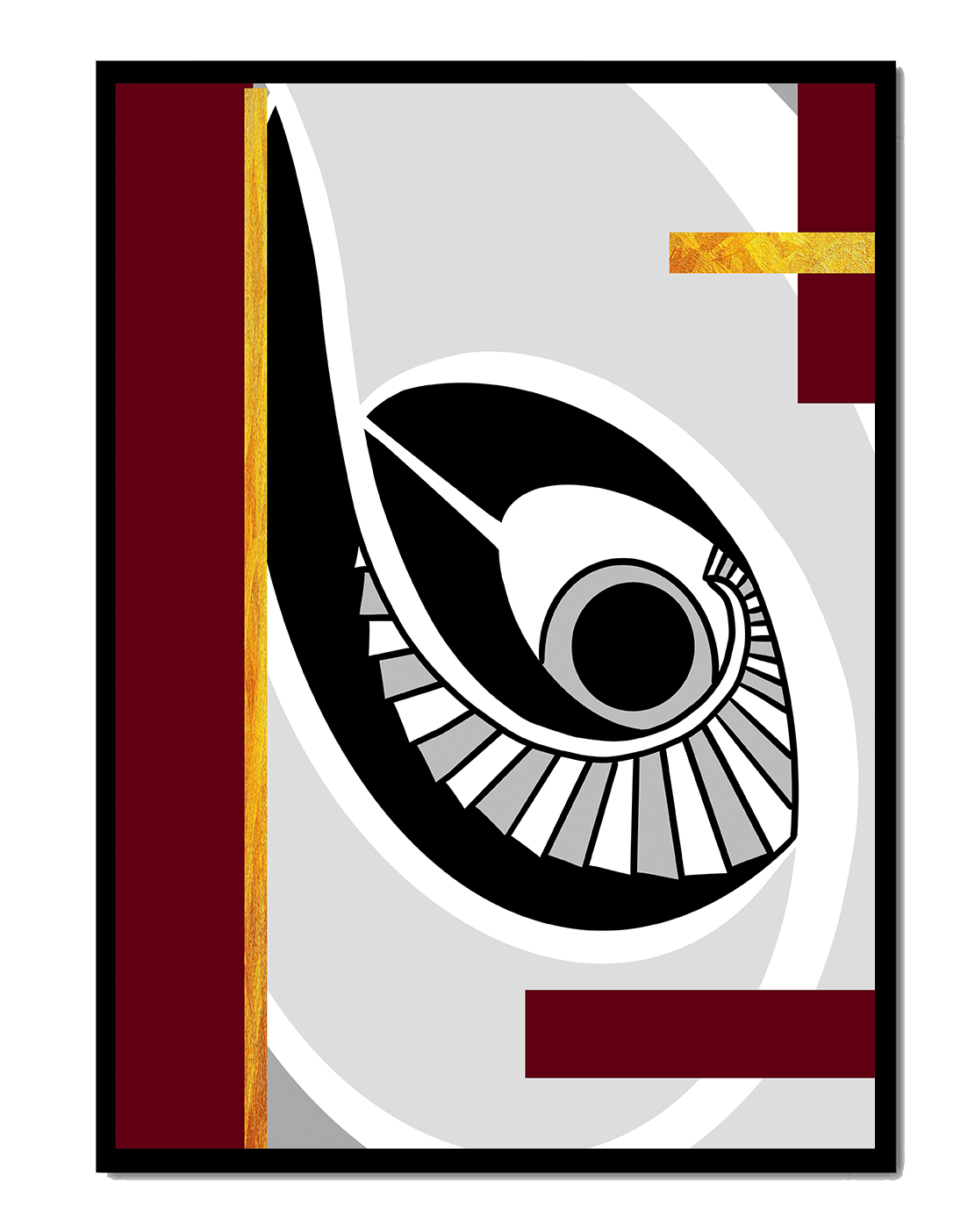 Arte geométrico abstracto con motivo de ojo y detalles dorados