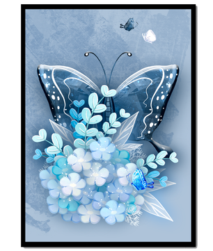 Elegant butterfly with blue floral arrangement artwork