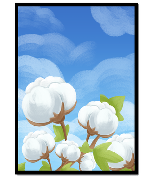 Künstlerische Illustration von Baumwollpflanzen vor einem klaren blauen Himmel