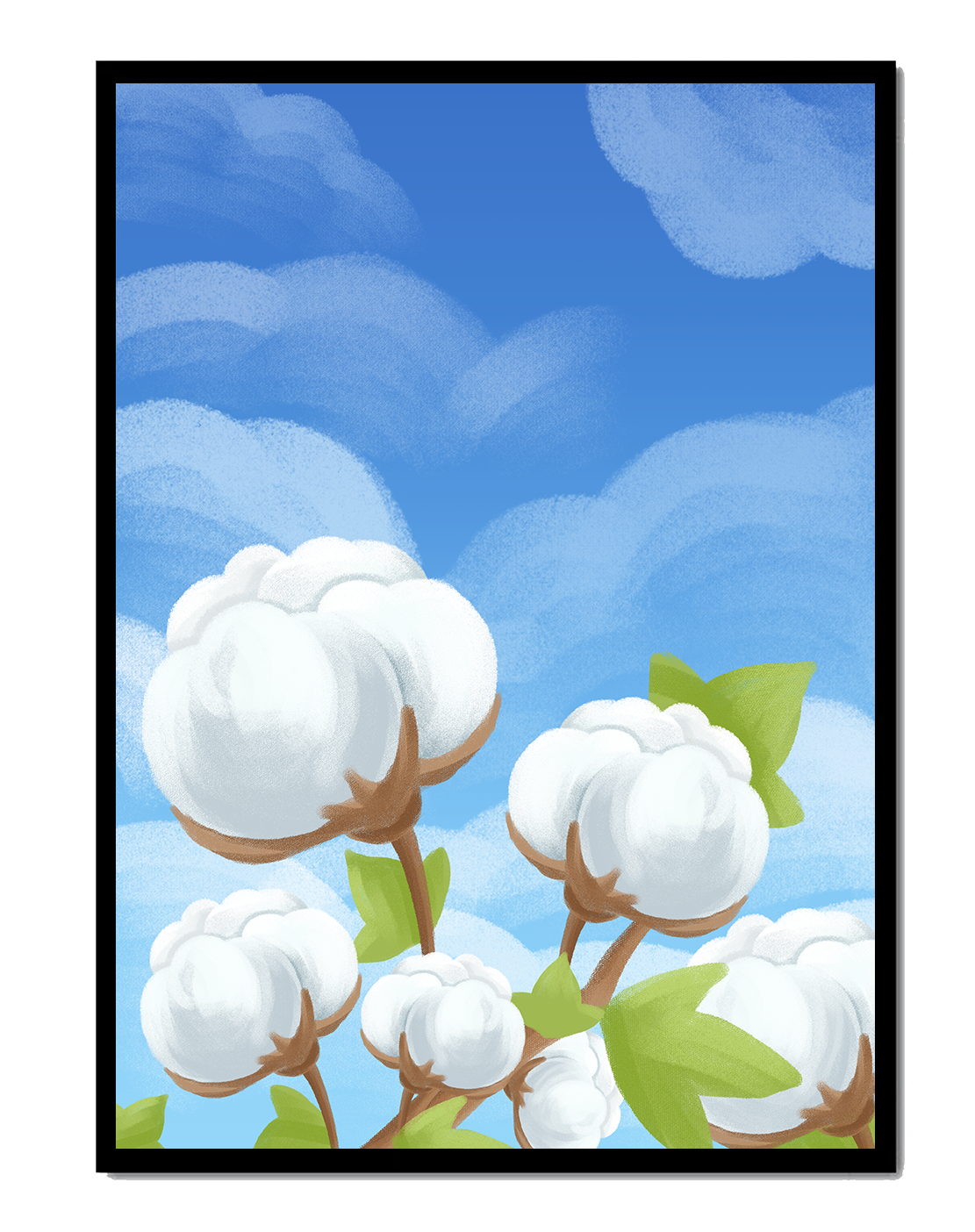 Künstlerische Illustration von Baumwollpflanzen vor einem klaren blauen Himmel