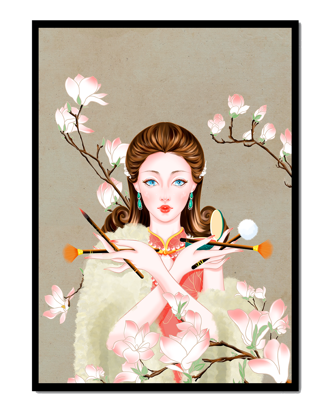 Elegant woman with makeup tools amidst blooming magnolia branches