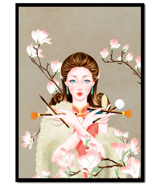 Femme élégante avec des outils de maquillage parmi des branches de magnolia en fleurs
