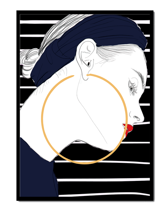 Profile of woman with hoop earrings and striped headscarf