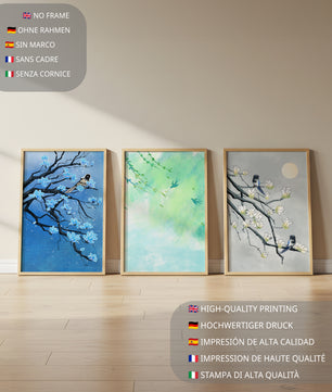 Tríptico Floral con Pájaros en Colores Suaves