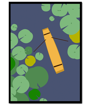 Top view of a yellow canoe among green lily pads on a calm lake
