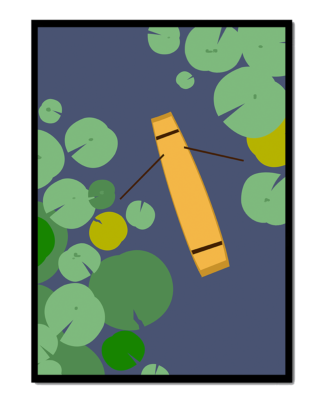 Top view of a yellow canoe among green lily pads on a calm lake