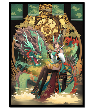 Art fantastique élégant d'une femme avec un dragon majestueux et des éléments dorés