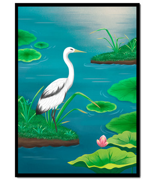 Serene wetland scene with white crane and water lilies