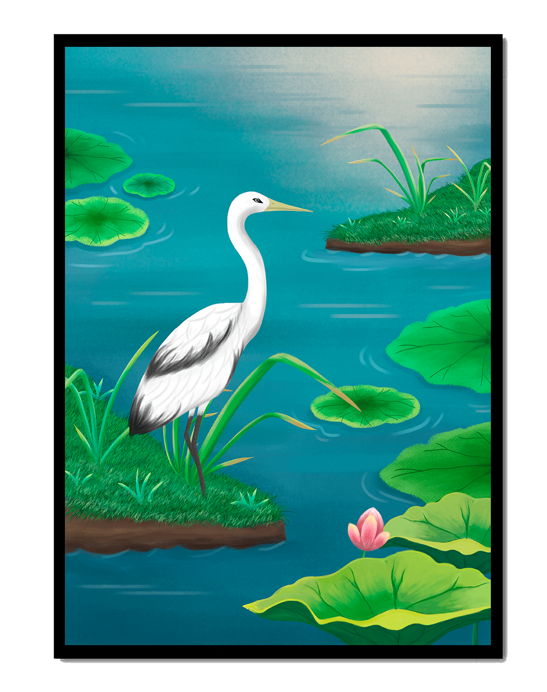 Serene wetland scene with white crane and water lilies