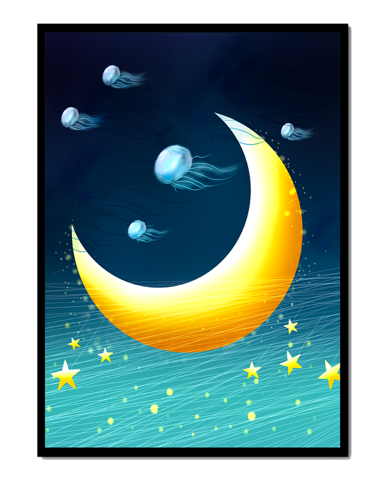Night sky with golden crescent moon and jellyfish drifting