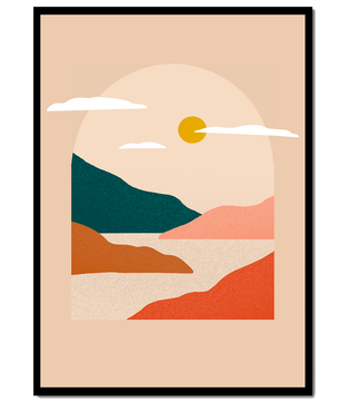 Paysage minimaliste avec montagnes et soleil