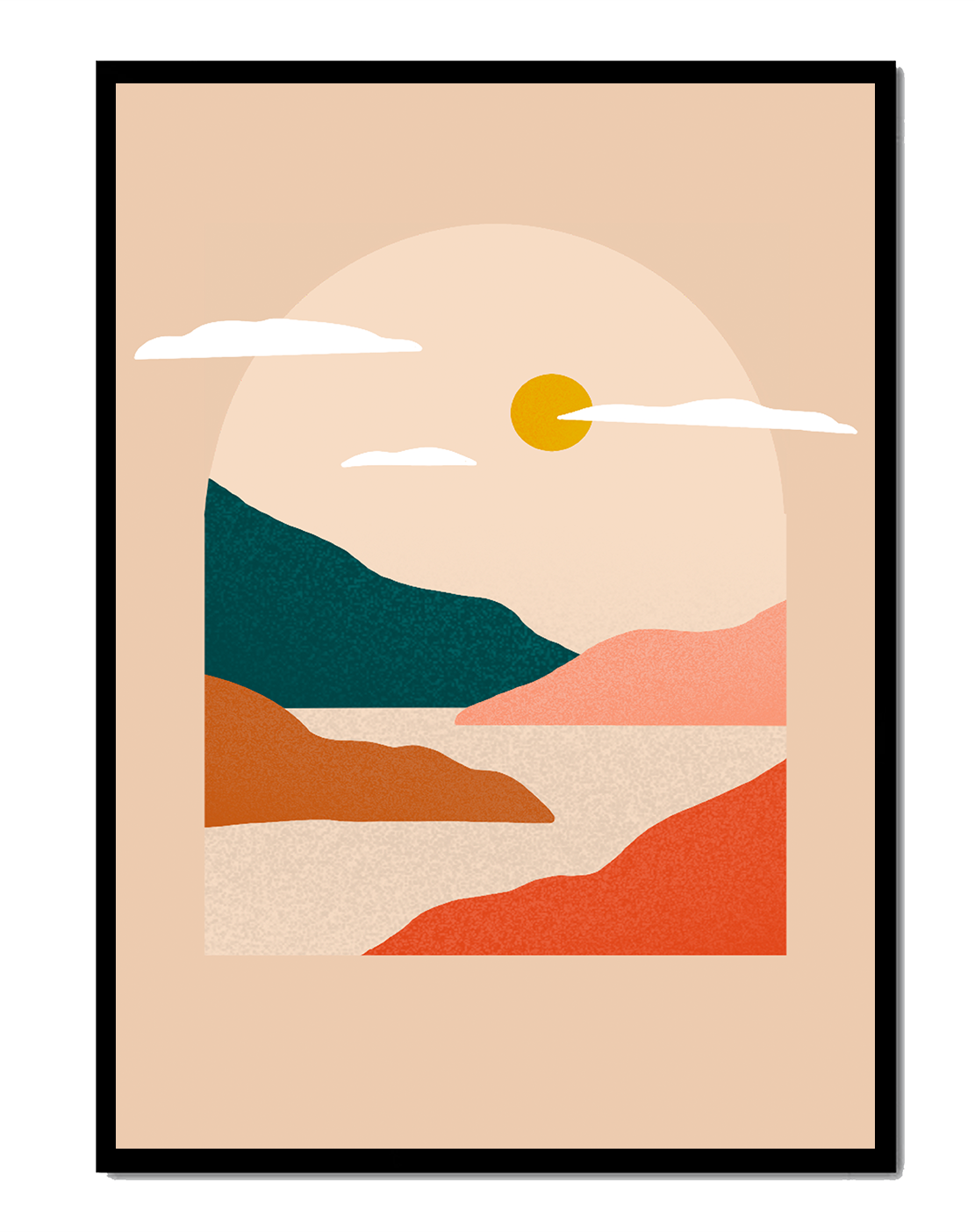 Paysage minimaliste avec montagnes et soleil