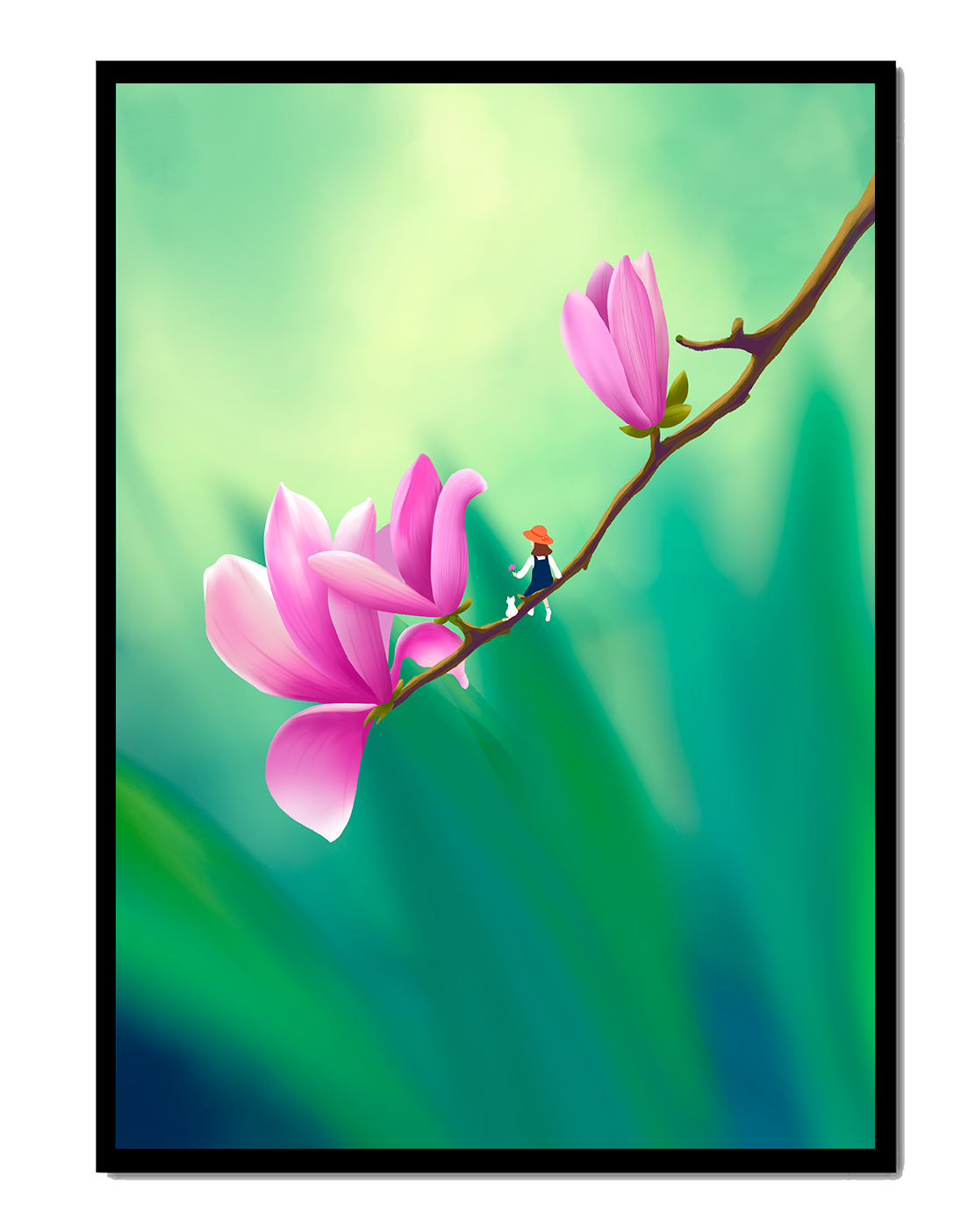 Serene illustration of magnolia flowers with a small figure in a hat