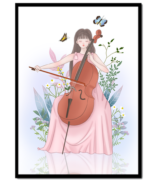 Girl Playing Cello Surrounded by Nature with Butterflies - Mi tienda