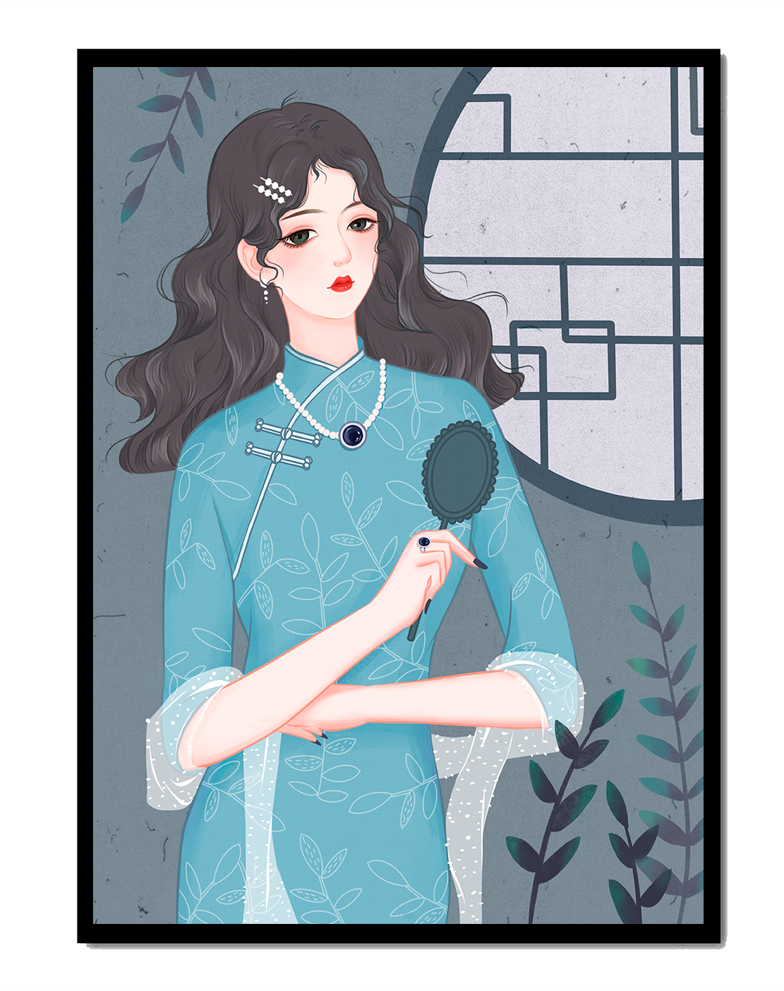 Elegant woman in traditional blue dress with intricate patterns