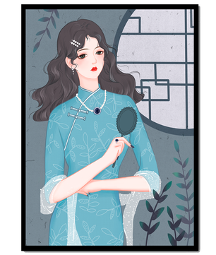 Elegant woman in traditional blue dress with intricate patterns