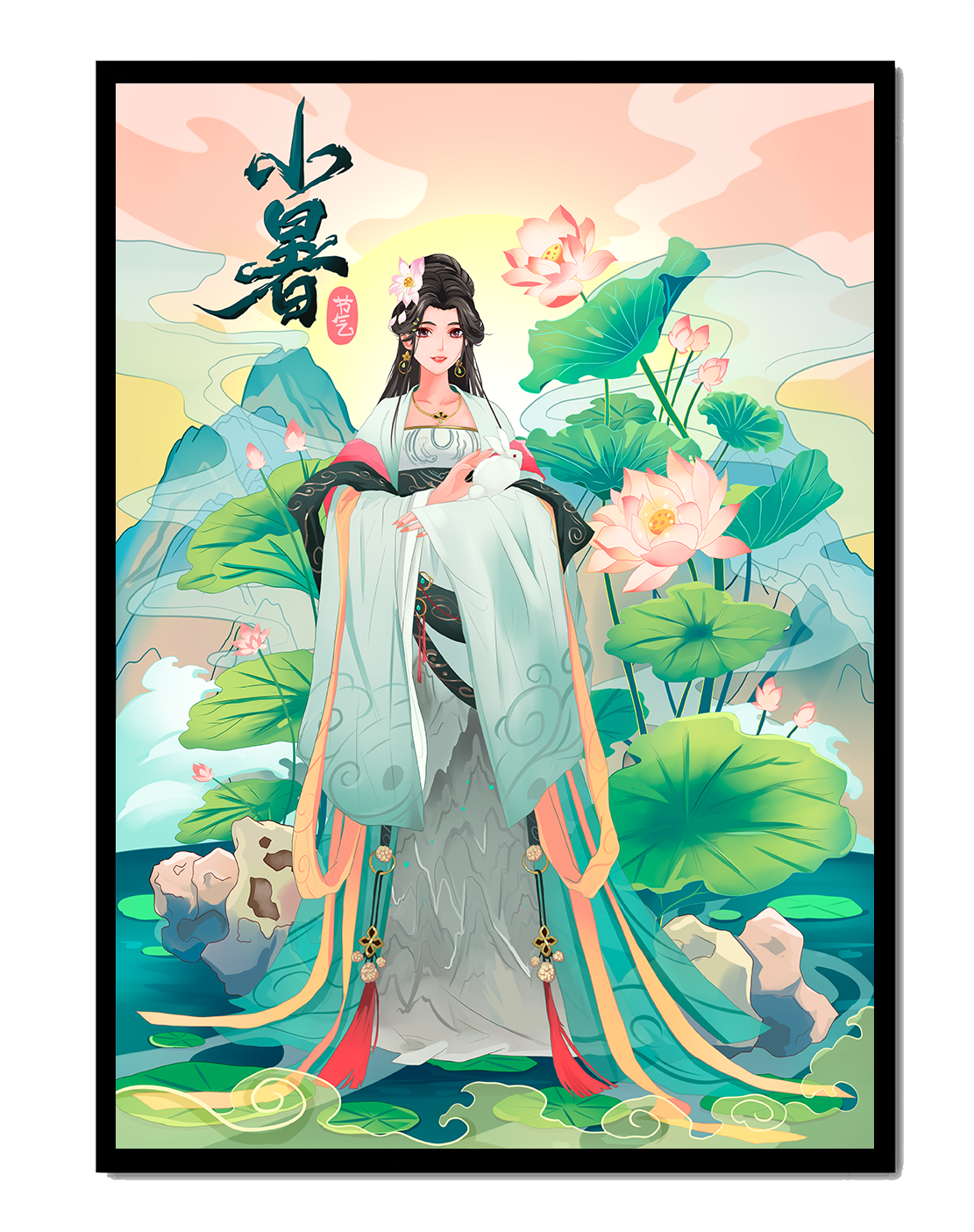 Elegant woman in traditional attire with lotus flowers and serene backdrop