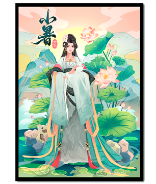 Elegant woman in traditional attire with lotus flowers and serene backdrop