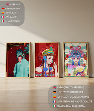 Ensemble de trois illustrations colorées de femmes avec des coiffes traditionnelles asiatiques